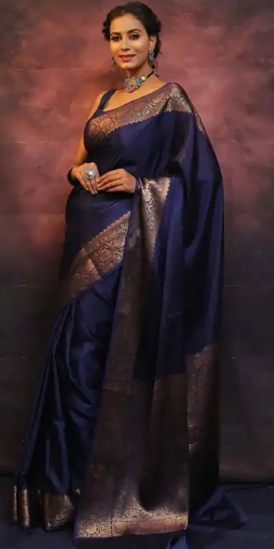 Navy Blue Soft Lichi Silk Lace Border Saree | Sarees, Bollywood Sarees, Creative Sarees, Designer Sarees, Embroidered Sarees, Ethnic Saree, Modern Digital sarees, Party Wear Sarees