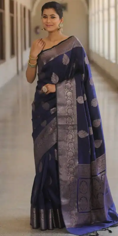 Navy Blue Soft Lichi Silk Rich Pallu Border Saree | Sarees, Bollywood Sarees, Creative Sarees, Designer Sarees, Embroidered Sarees, Ethnic Saree, Modern Digital sarees, Party Wear Sarees