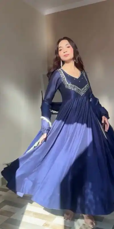 Navy Blue Star Georgette Embroidery Lace Work Gown | Gowns, Bollywood Gowns, Creative Gowns, Designer Gowns, Embroidered Gowns, Party Wear Gowns