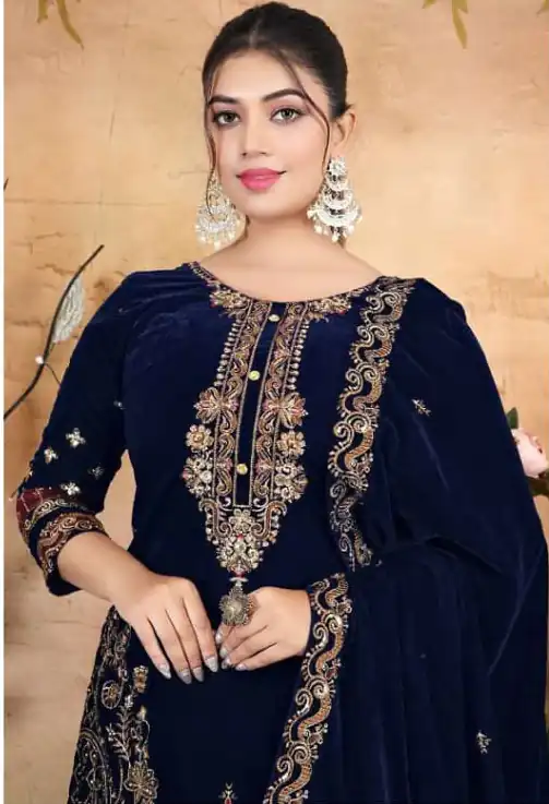 Navy Blue Velvet Embroidery Lace Work Salwar Suit | Jump Suits, Salwar suit, Casual Suits, Creative suits, Designer Suits, Palazzo Suits, Party Wear Suits, Patiala Suits, Straight Suits