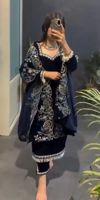 Navy Blue Viscose Velvet Lace Work Salwar Suit | Jump Suits, Tops & Bottoms, Track Suits, Salwar suit, Casual Suits, Creative suits, Designer Suits, Palazzo Suits, Party Wear Suits, Patiala Suits, Straight Suits, Trendy Wear