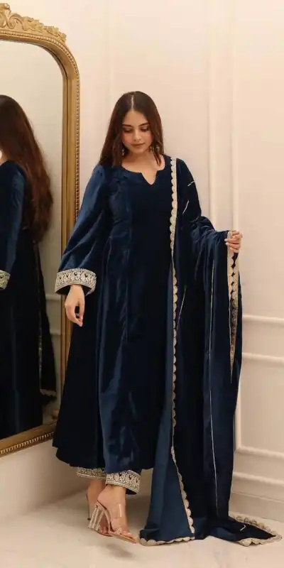 Navy Blue Viscous Velvet Embroidery Work Gown | Gowns, Bollywood Gowns, Creative Gowns, Designer Gowns, Embroidered Gowns, Party Wear Gowns