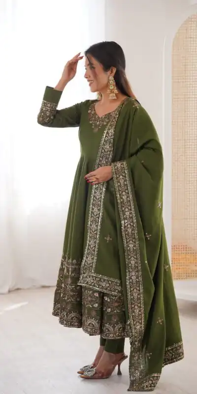 Nice Mehendi Roman Silk Embroidery Work Gown | Gowns, Bollywood Gowns, Creative Gowns, Designer Gowns, Embroidered Gowns, Party Wear Gowns