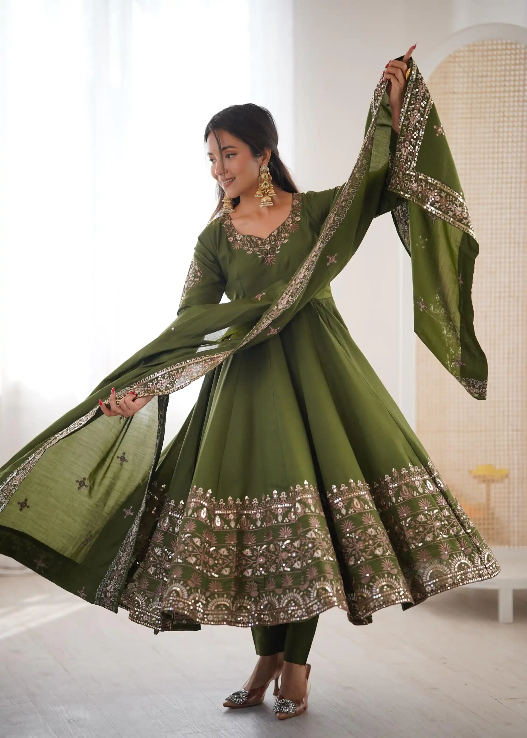 Nice Mehendi Roman Silk Embroidery Work Gown | Gowns, Bollywood Gowns, Creative Gowns, Designer Gowns, Embroidered Gowns, Party Wear Gowns