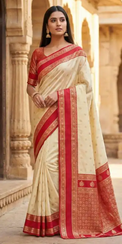 Off White Banarasi Gold Zari Work Saree | Sarees, Bollywood Sarees, Creative Sarees, Designer Sarees, Embroidered Sarees, Ethnic Saree, Modern Digital sarees, Party Wear Sarees