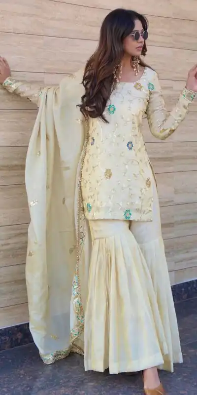 Off White Chinnon Embroidery Work Salwar Suit | Jump Suits, Salwar suit, Casual Suits, Creative suits, Designer Suits, Palazzo Suits, Party Wear Suits, Patiala Suits, Straight Suits