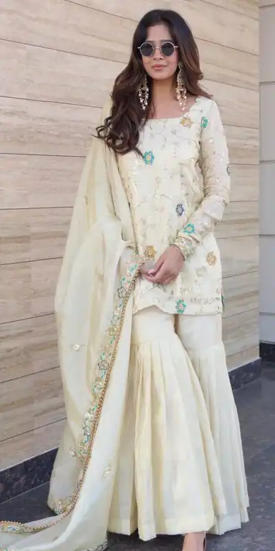 Off White Chinnon Embroidery Work Salwar Suit | Jump Suits, Salwar suit, Casual Suits, Creative suits, Designer Suits, Palazzo Suits, Party Wear Suits, Patiala Suits, Straight Suits