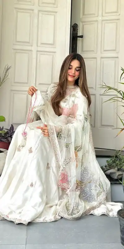 Off White Chinon Embroidery Lace Work Gown | Gowns, Bollywood Gowns, Creative Gowns, Designer Gowns, Embroidered Gowns, Party Wear Gowns