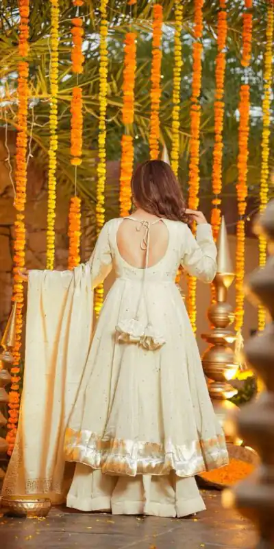 Off White Chinon Silk Lagadi Patta Gown | Gowns, Bollywood Gowns, Creative Gowns, Designer Gowns, Embroidered Gowns, Party Wear Gowns
