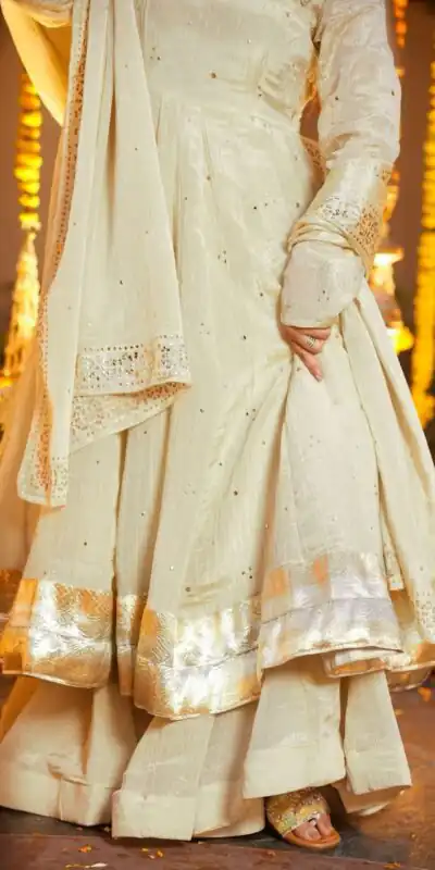 Off White Chinon Silk Lagadi Patta Gown | Gowns, Bollywood Gowns, Creative Gowns, Designer Gowns, Embroidered Gowns, Party Wear Gowns