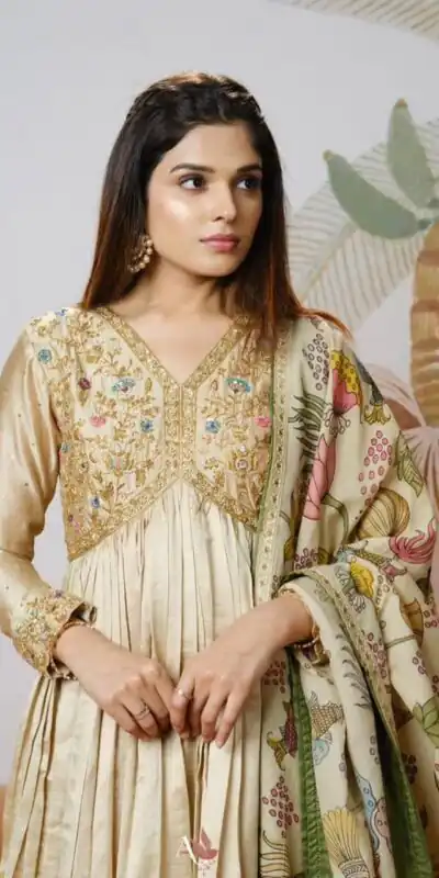 Off White Chinon With Kalamkari Print Gown | Lehenga, Bollywood Lehenga, Creative Lehenga, Designer Lehenga, Embroidered Lehenga, Party Wear Lehenga