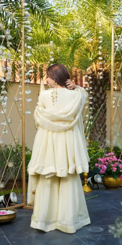 Off White Cosmos Silk Mirror Embroidery Work Salwar Suit | Jump Suits, Tops & Bottoms, Track Suits, Salwar suit, Casual Suits, Creative suits, Designer Suits, Palazzo Suits, Party Wear Suits, Patiala Suits, Straight Suits, Trendy Wear