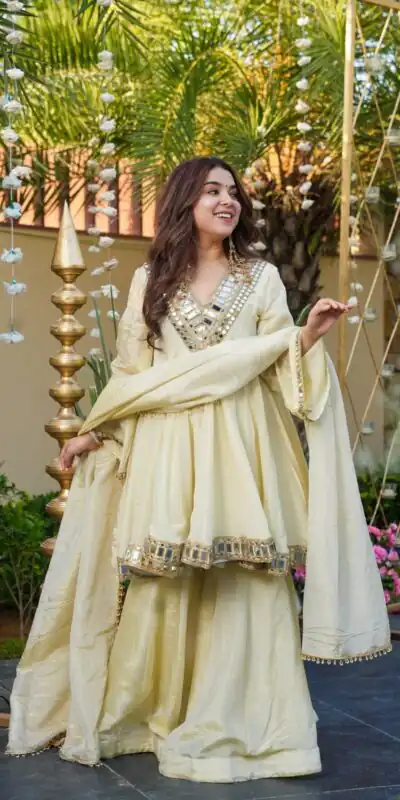 Off White Cosmos Silk Mirror Embroidery Work Salwar Suit | Jump Suits, Tops & Bottoms, Track Suits, Salwar suit, Casual Suits, Creative suits, Designer Suits, Palazzo Suits, Party Wear Suits, Patiala Suits, Straight Suits, Trendy Wear