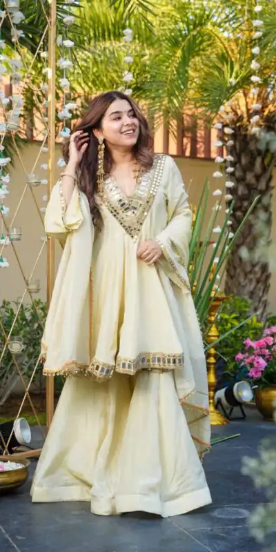 Off White Cosmos Silk Mirror Embroidery Work Salwar Suit | Jump Suits, Tops & Bottoms, Track Suits, Salwar suit, Casual Suits, Creative suits, Designer Suits, Palazzo Suits, Party Wear Suits, Patiala Suits, Straight Suits, Trendy Wear