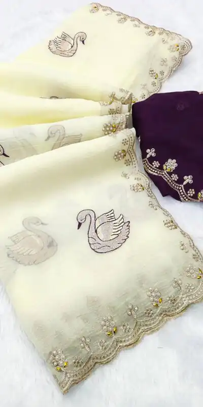 Off White Crunchy Chiffon Diamond Work Saree | Sarees, Bollywood Sarees, Creative Sarees, Designer Sarees, Embroidered Sarees, Ethnic Saree, Modern Digital sarees, Party Wear Sarees