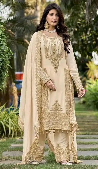 Off White Faux Georgette Sequins Work Salwar Suit | Jump Suits, Tops & Bottoms, Track Suits, Salwar suit, Casual Suits, Creative suits, Designer Suits, Palazzo Suits, Party Wear Suits, Patiala Suits, Straight Suits, Trendy Wear