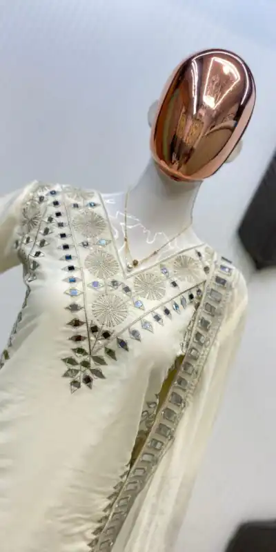 Off White Georgette Embroidery Mirror Work Salwar Suit | Jump Suits, Salwar suit, Casual Suits, Creative suits, Designer Suits, Palazzo Suits, Party Wear Suits, Patiala Suits, Straight Suits