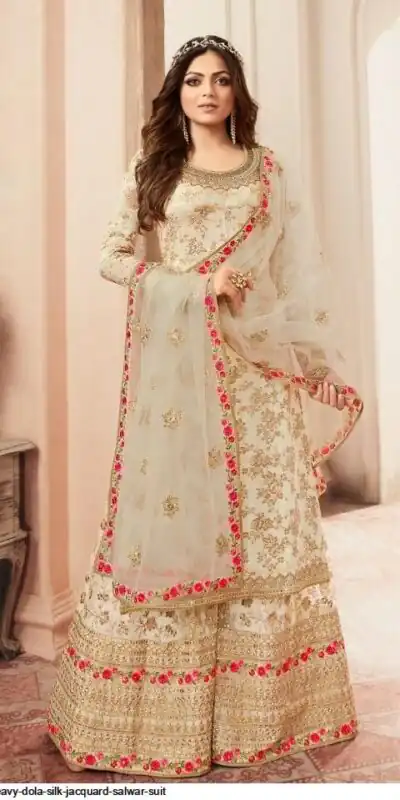 Off  White Georgette Jacquard Diamond Sharara Suit | Jump Suits, Salwar suit, Casual Suits, Creative suits, Designer Suits, Palazzo Suits, Party Wear Suits, Patiala Suits, Straight Suits