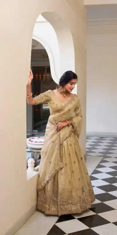 Off White Gold Crush Sequins Embroidery Work Lehenga Choli | Lehenga, Bollywood Lehenga, Creative Lehenga, Designer Lehenga, Embroidered Lehenga, Party Wear Lehenga