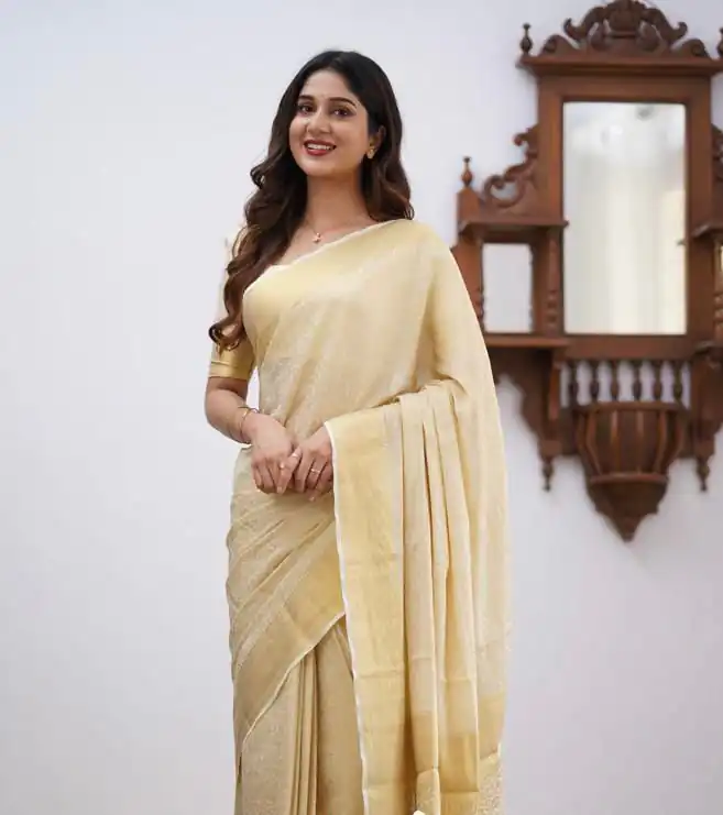 Off White Lichi Silk Border Jacquard Work Saree | Sarees, Bollywood Sarees, Creative Sarees, Designer Sarees, Embroidered Sarees, Ethnic Saree, Modern Digital sarees, Party Wear Sarees