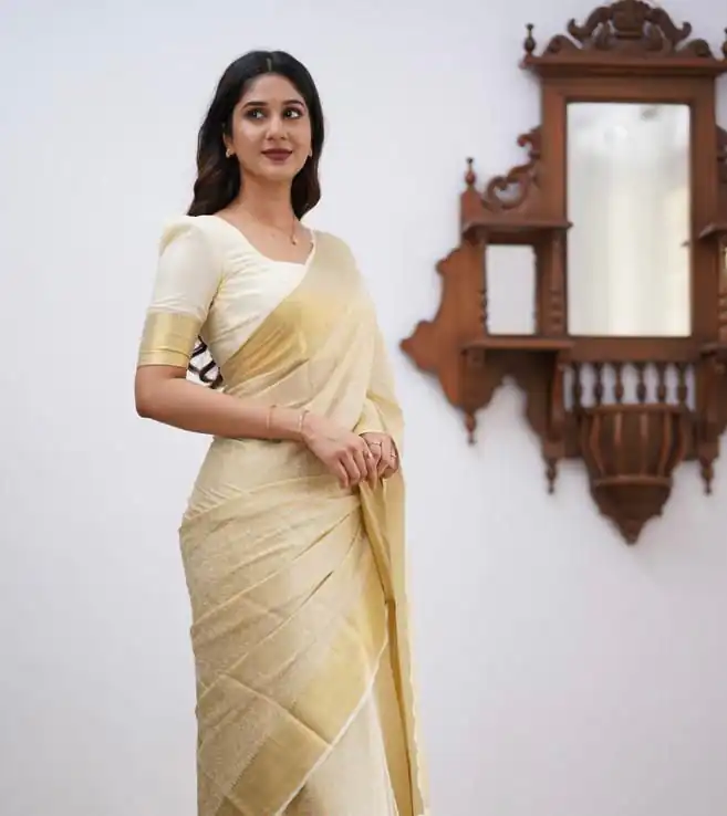Off White Lichi Silk Border Jacquard Work Saree | Sarees, Bollywood Sarees, Creative Sarees, Designer Sarees, Embroidered Sarees, Ethnic Saree, Modern Digital sarees, Party Wear Sarees