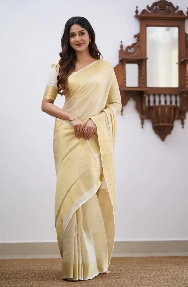 Off White Lichi Silk Border Jacquard Work Saree | Sarees, Bollywood Sarees, Creative Sarees, Designer Sarees, Embroidered Sarees, Ethnic Saree, Modern Digital sarees, Party Wear Sarees