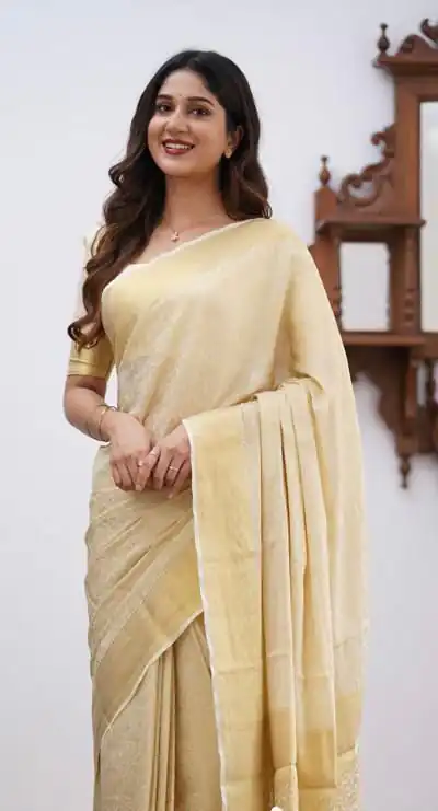 Off White Lichi Silk Border Jacquard Work Saree | Sarees, Bollywood Sarees, Creative Sarees, Designer Sarees, Embroidered Sarees, Ethnic Saree, Modern Digital sarees, Party Wear Sarees