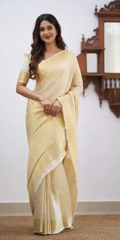 Off White Lichi Silk Border Jacquard Work Saree | Sarees, Bollywood Sarees, Creative Sarees, Designer Sarees, Embroidered Sarees, Ethnic Saree, Modern Digital sarees, Party Wear Sarees