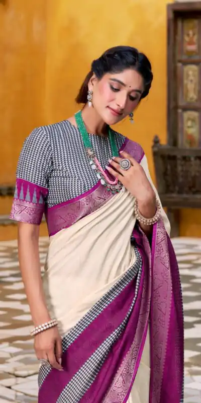 Off White Poly Cotton Printed Zari Saree | Sarees, Bollywood Sarees, Creative Sarees, Designer Sarees, Embroidered Sarees, Ethnic Saree, Modern Digital sarees, Party Wear Sarees