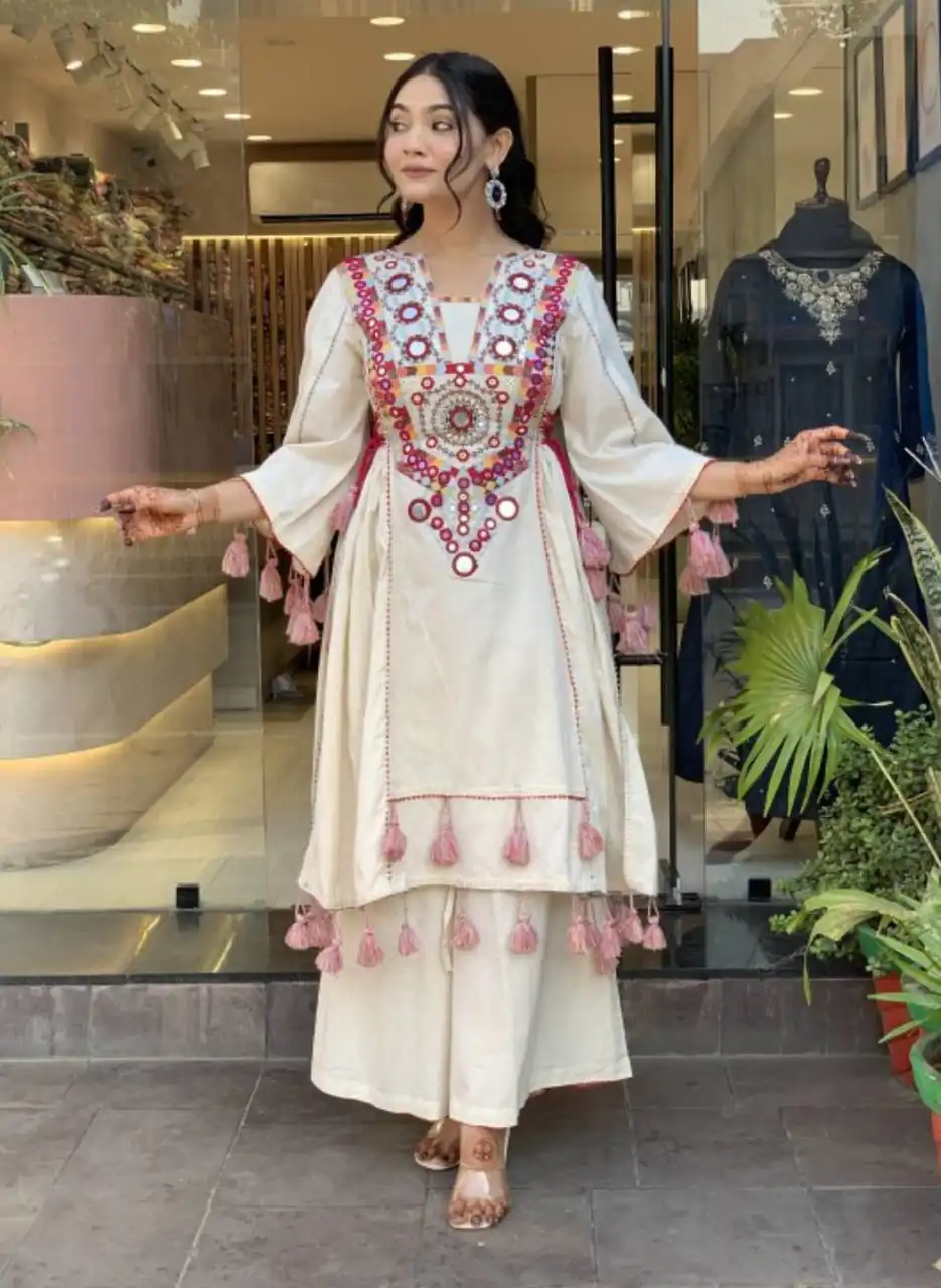 Off White Rayon Cotton Embroidery Mirror Work Salwar Suit | Jump Suits, Salwar suit, Casual Suits, Creative suits, Designer Suits, Palazzo Suits, Party Wear Suits, Patiala Suits, Straight Suits