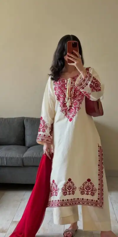 Off White Roman Embroidery Salwar Suit | Jump Suits, Salwar suit, Casual Suits, Creative suits, Designer Suits, Palazzo Suits, Party Wear Suits, Patiala Suits, Straight Suits