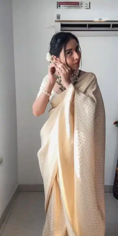 Off White Soft Lichi Silk Golden Waving Saree | Sarees, Bollywood Sarees, Creative Sarees, Designer Sarees, Embroidered Sarees, Ethnic Saree, Modern Digital sarees, Party Wear Sarees