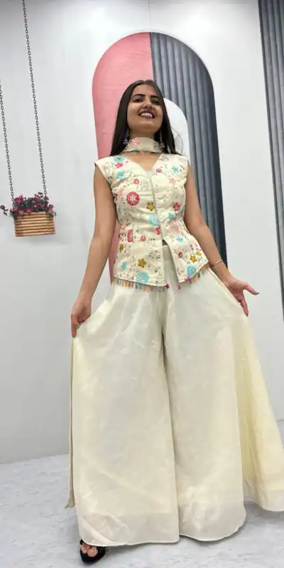 Off White Tissue Simmer Embroidery Work Salwar Suit | Jump Suits, Salwar suit, Casual Suits, Creative suits, Designer Suits, Palazzo Suits, Party Wear Suits, Patiala Suits, Straight Suits
