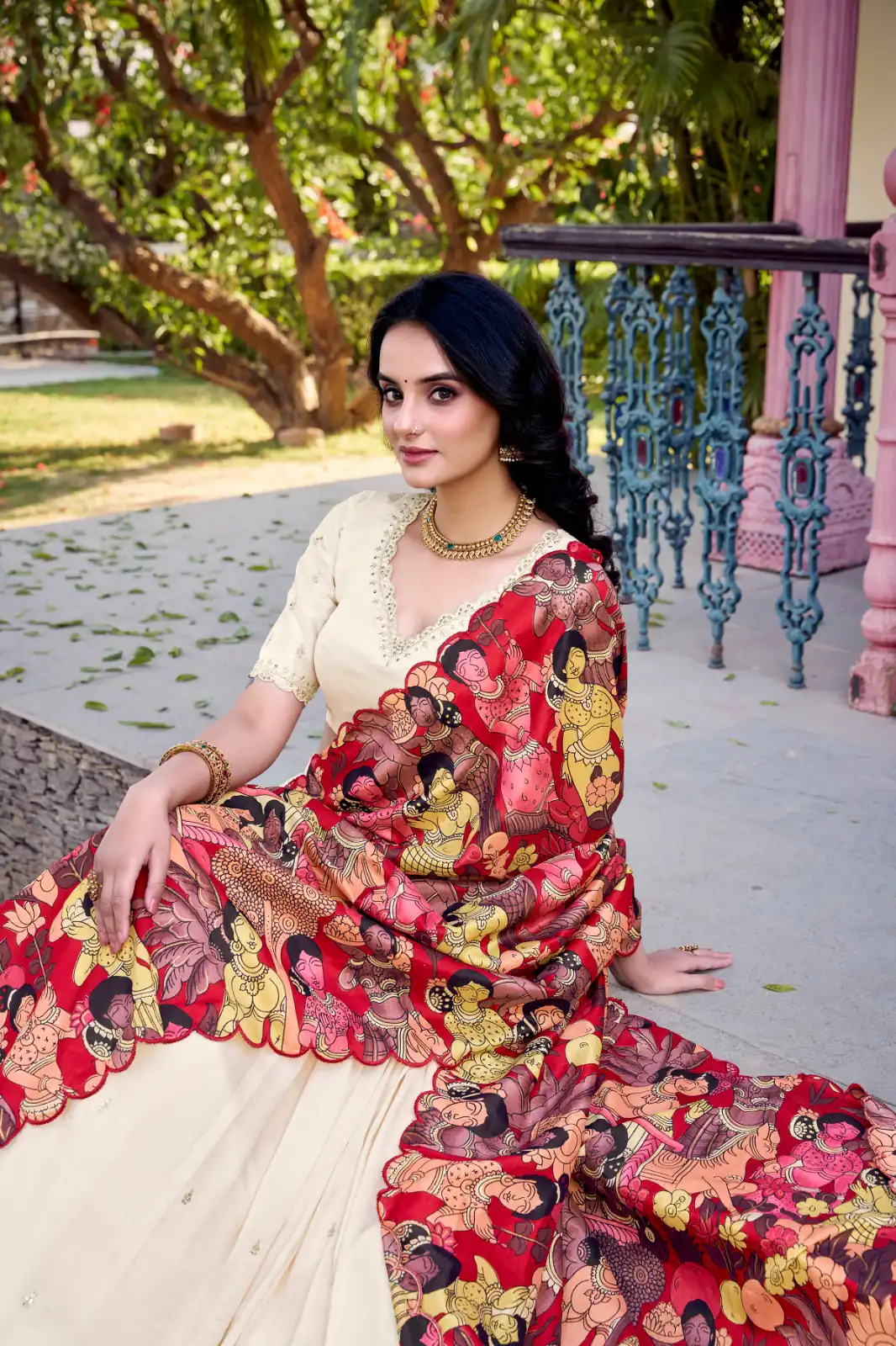 Off White Vichitra Kalamkari Lehenga Choli | Lehenga, Bollywood Lehenga, Creative Lehenga, Designer Lehenga, Embroidered Lehenga, Party Wear Lehenga