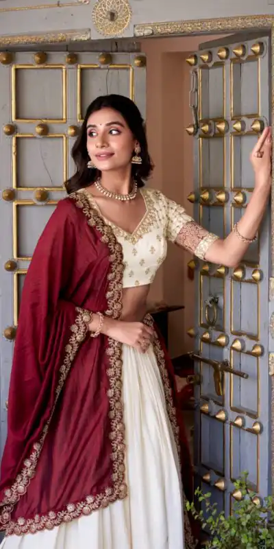 Off White Vichitra Silk Embroidery Zari Work Lehenga Choli | Lehenga, Bollywood Lehenga, Creative Lehenga, Designer Lehenga, Embroidered Lehenga, Party Wear Lehenga