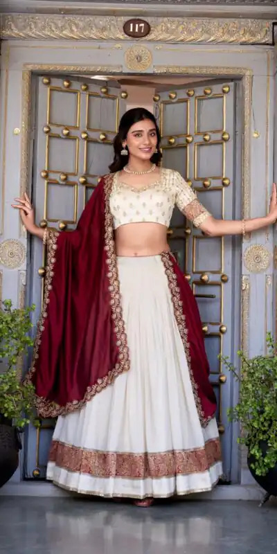 Off White Vichitra Silk Embroidery Zari Work Lehenga Choli | Lehenga, Bollywood Lehenga, Creative Lehenga, Designer Lehenga, Embroidered Lehenga, Party Wear Lehenga