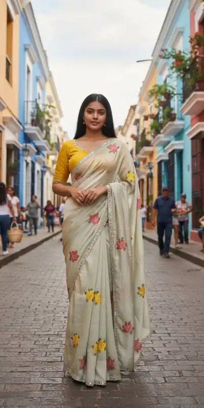 Off White Viscose Rangoli Embroidery Mirror Work Saree | Sarees, Bollywood Sarees, Creative Sarees, Designer Sarees, Embroidered Sarees, Ethnic Saree, Modern Digital sarees, Party Wear Sarees