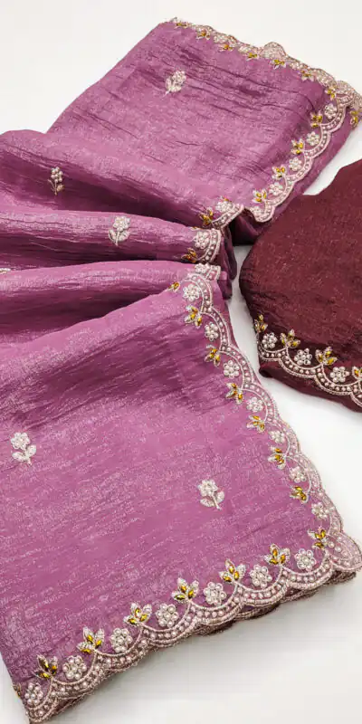 Onion Crunchy Chiffon Embroidery Work Saree | Sarees, Bollywood Sarees, Creative Sarees, Designer Sarees, Embroidered Sarees, Ethnic Saree, Modern Digital sarees, Party Wear Sarees