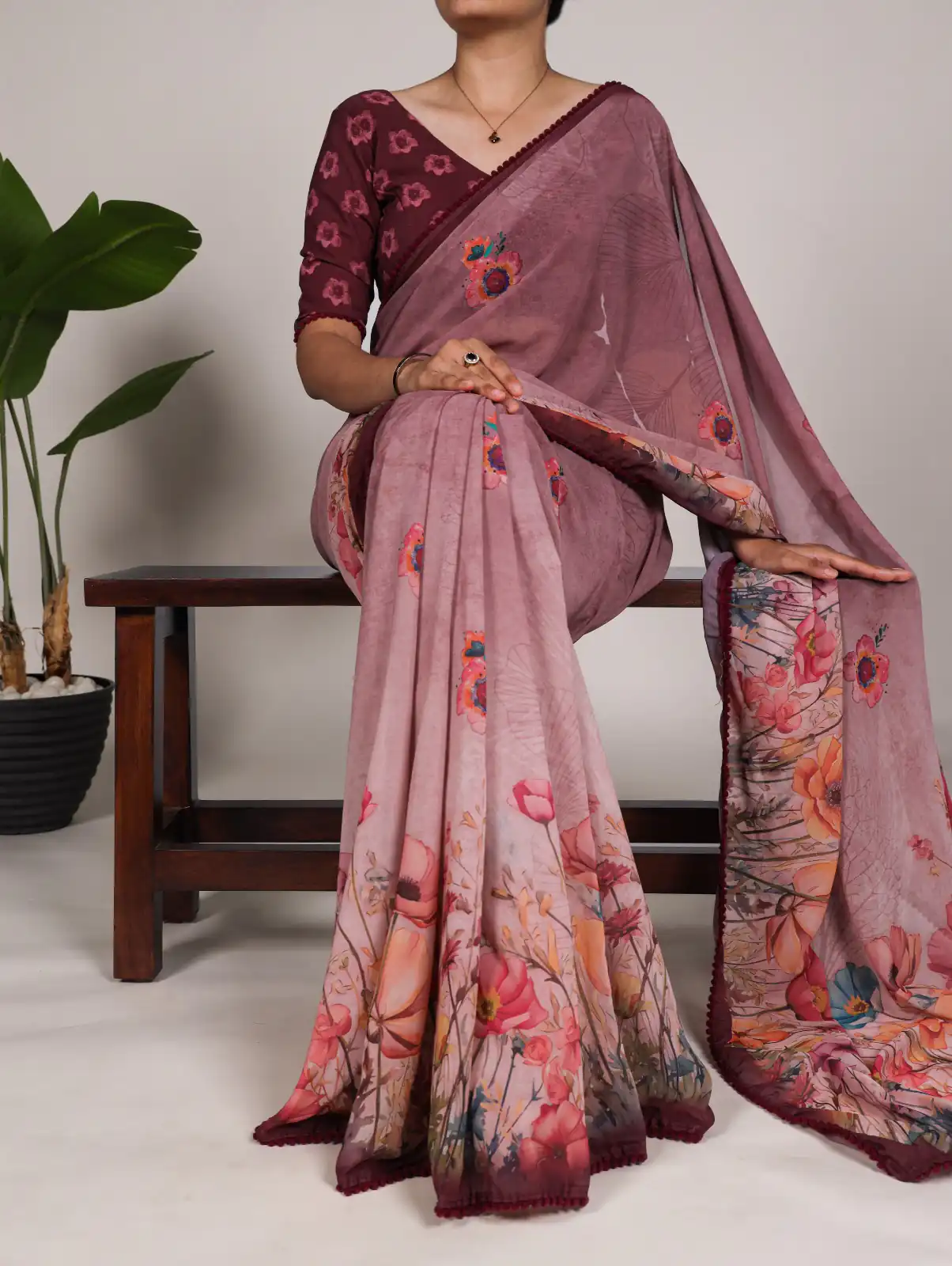 Onion Georgette Floral Saree | Sarees, Bollywood Sarees, Creative Sarees, Designer Sarees, Embroidered Sarees, Ethnic Saree, Modern Digital sarees, Party Wear Sarees
