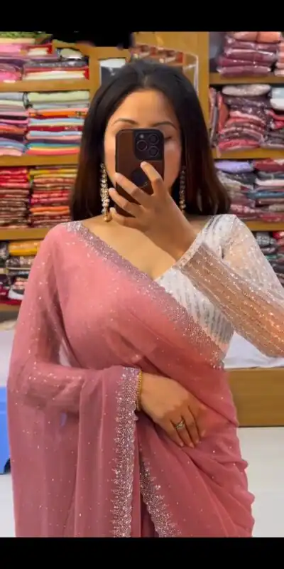 Onion Georgette Hot Fix Stone Work Saree | Sarees, Bollywood Sarees, Creative Sarees, Designer Sarees, Embroidered Sarees, Ethnic Saree, Modern Digital sarees, Party Wear Sarees