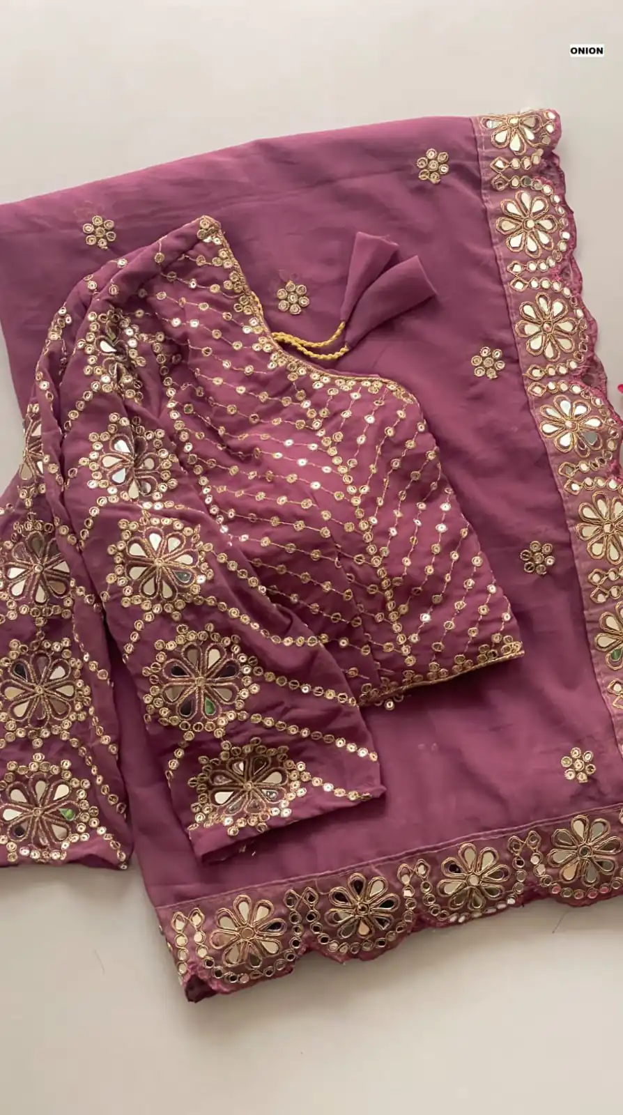 Onion Georgette Mirror Sequence Work Saree | Sarees, Bollywood Sarees, Creative Sarees, Designer Sarees, Embroidered Sarees, Ethnic Saree, Modern Digital sarees, Party Wear Sarees