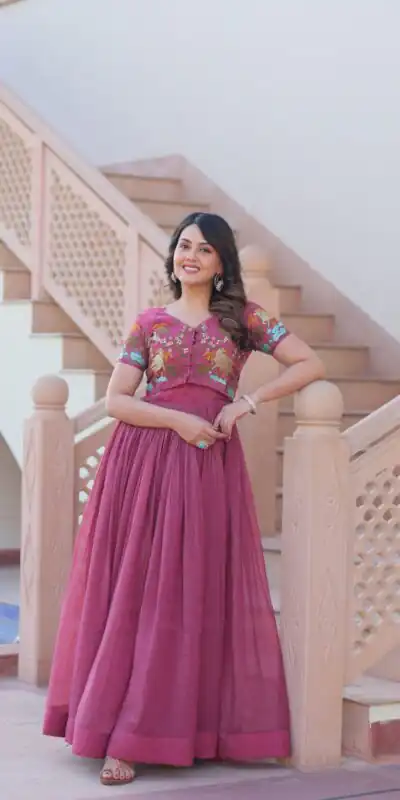 Onion Silver Crunchy Embroidery Work Gown | Gowns, Bollywood Gowns, Creative Gowns, Designer Gowns, Embroidered Gowns, Party Wear Gowns