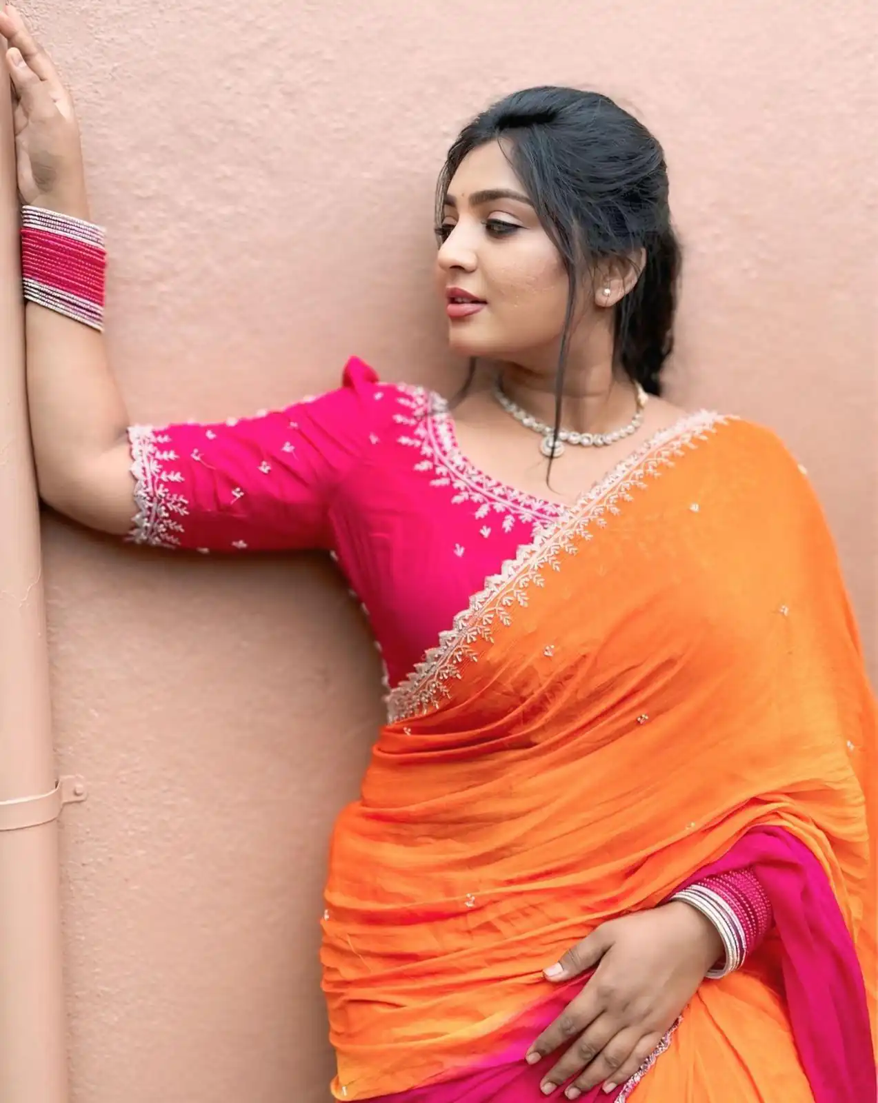 Orange And Pink Chinnon Embroidery Sequence Saree | Sarees, Bollywood Sarees, Creative Sarees, Designer Sarees, Embroidered Sarees, Ethnic Saree, Modern Digital sarees, Party Wear Sarees