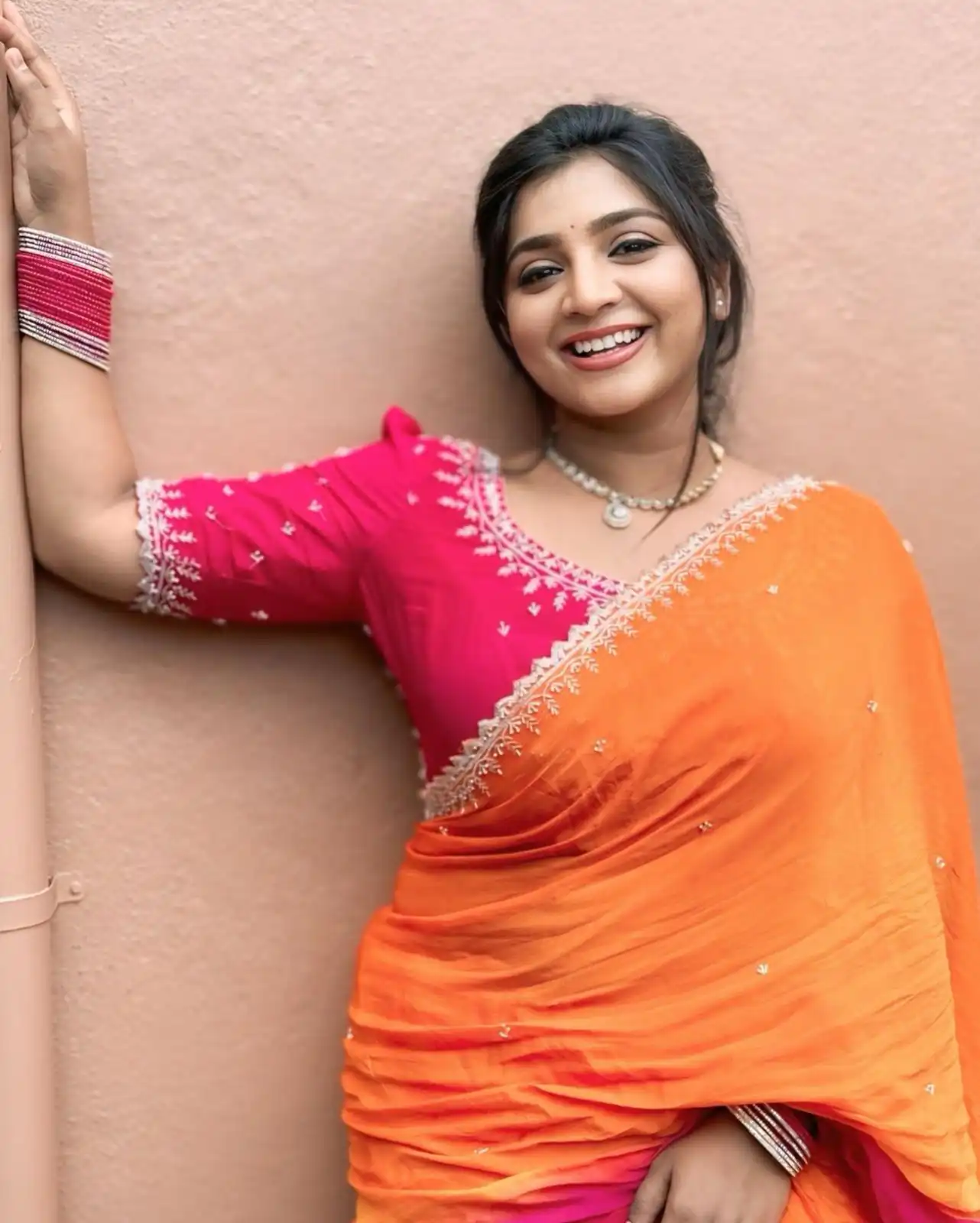 Orange And Pink Chinnon Embroidery Sequence Saree | Sarees, Bollywood Sarees, Creative Sarees, Designer Sarees, Embroidered Sarees, Ethnic Saree, Modern Digital sarees, Party Wear Sarees