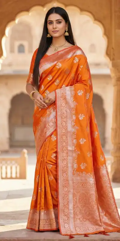 Orange Banarasi Zari Lace Work Saree | Sarees, Bollywood Sarees, Creative Sarees, Designer Sarees, Embroidered Sarees, Ethnic Saree, Modern Digital sarees, Party Wear Sarees
