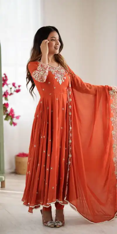 Orange Blooming Faux Embroidery Work Gown | Lehenga, Bollywood Lehenga, Creative Lehenga, Designer Lehenga, Embroidered Lehenga, Party Wear Lehenga