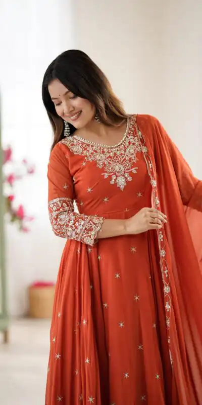 Orange Blooming Faux Embroidery Work Gown | Lehenga, Bollywood Lehenga, Creative Lehenga, Designer Lehenga, Embroidered Lehenga, Party Wear Lehenga