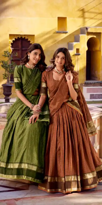 Orange Chettinad Cotton Chex Zari Work Lehenga Choli | Lehenga, Bollywood Lehenga, Creative Lehenga, Designer Lehenga, Embroidered Lehenga, Party Wear Lehenga
