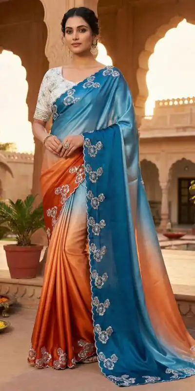 Orange Chinon Embroidery Work Saree | Sarees, Bollywood Sarees, Creative Sarees, Designer Sarees, Embroidered Sarees, Ethnic Saree, Modern Digital sarees, Party Wear Sarees