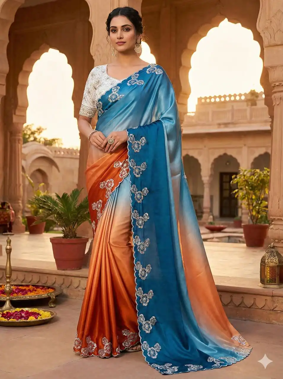 Orange Chinon Embroidery Work Saree | Sarees, Bollywood Sarees, Creative Sarees, Designer Sarees, Embroidered Sarees, Ethnic Saree, Modern Digital sarees, Party Wear Sarees